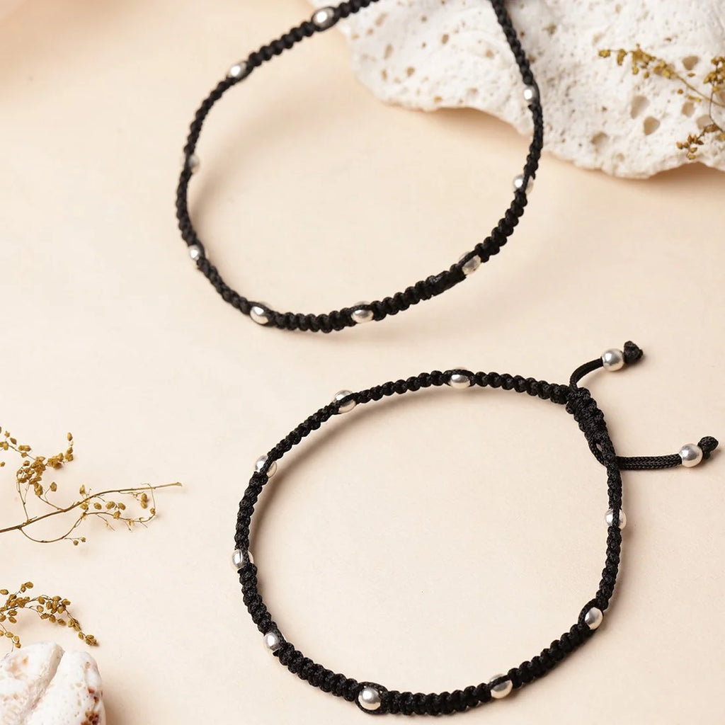 Classic Beaded Thread Anklet with Silver Balls